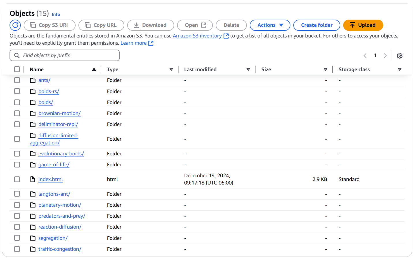 AWS web console view of objects inside an S3 bucket.